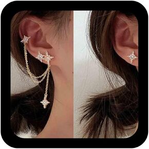 Vintage Crystal Star Crawler Earring Chain Wrap Dangle Drop Earring CZ Star Ear Cuff Wrap Clip On Earrings Long Chain Climbers Crawler Earrings Jewelry