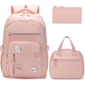 Kawaii Girls Backpack with Lunch Box Set, Cute Aesthetic Backpack Teens Bookbag for Middle High School (Beige)
