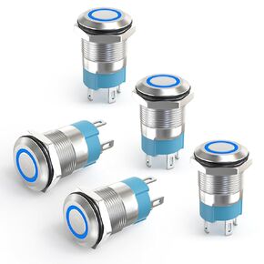5Pcs 12mm Waterproof Metal Latching Push Button Switch, 12-24V 4 Pin Self Locking Blue LED Lighted Button Switch