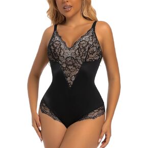 woahee Sexy Lace Bodysuit Women's Sleeveless V Neck Tummy Control Shapewear Backless Thong Body Suit Shaper