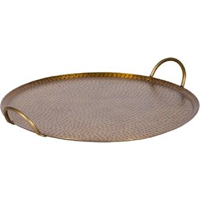 Kate and Laurel Sanzo Transitional Hammered Metal Round Tray, 16 Inch Diameter, Antique Brass, Vintage Metal Decorative Circle Tray with Hammered Surface and Minimalist Metal Handles