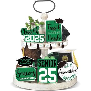 Queekay 10 Pcs Class of 2025 Graduation Tiered Tray Set Congrats Grad Wooden Signs Tiered Tray Rustic Farmhouse Decor for Home Kitchen Table Decorations