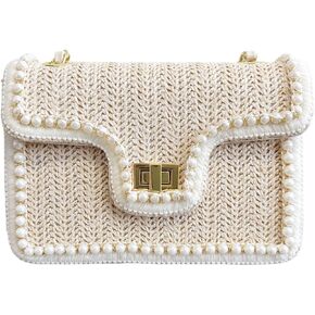 حقيبة Crossbody Straw للنساء ، حقيبة كتف منسوجة لطيفة مع لؤلؤة تقليم صغير محفظة حقيبة يد الربيع الصيف العصرية