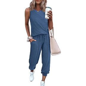Ekouaer Women's 2 Piece Lounge Sets Soft Pajamas Set Sleeveless Tops with Jogger Set Tracksuit Summer Outfits Set