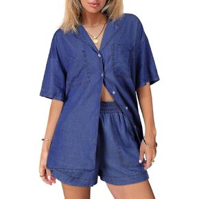 Denim Set for Women 2 Peice Outfits Jean Shirts Top and Shorts for Summer Lightweight Tracksuits Trendy