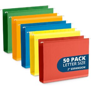 Blue Summit Supplies Extra Capacity File Folders, Bulk Pack of 50 with 50 Plastic Tabs and Cardboard Supports, Multicolor, Letter Size