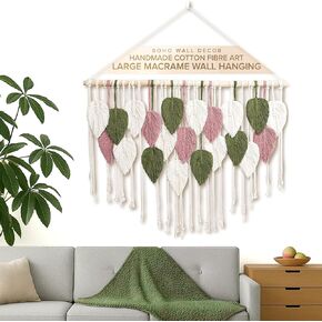WOODSTICK Large Macrame Wall Hanging - Boho Wall Decor in Beige, Old Pink & Green - Chic Woven Leaf Leaves Bohemian Hangings, Handmade Cotton Fiber Art, Living Room & Bedroom Tapestry (39"W x 29.5"L)