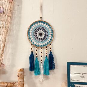 Dreamcatchers 25 بوصة تصميم ماندالا الأزرق ، شرابات زرقاء مع عوارض خشبية ، شنق الجدار ، هدية بوهو للمنزل