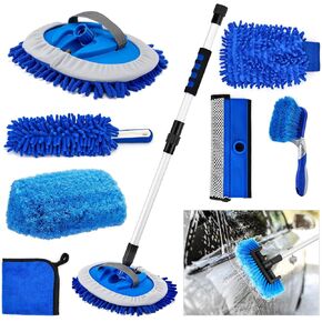 Car Cleaning Kit - 62'' Car Wash Brush with Long Handle,Complete Car Cleaning Brush Kit Microfiber Cleaning Head & Extra-Thick Aluminum Extension Pole for Car, Truck, SUV, RV