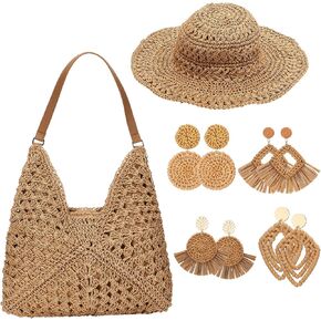 10 Pcs Womens Straw Beach Bag Set Included 1 Summer Beach Bag 1 Sun Cap 4 Pair Rattan Tassel Earring