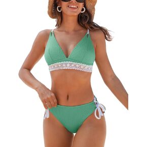CUPSHE Women's Bikini Sets V Neck Textured Crisscross Back Lace Trim Bathing Suit Side Drawstring Low Rise