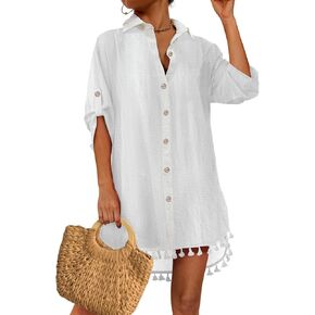 Eddoyee Women Button Down Bathing Suit Cover Ups 2025 Beach Bikini Swimwear with Tassel Swimsuit Shirt