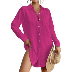 BSUBSEACH Swimsuit Coverup for Women Button Down Beach Cove Ups Long Sleeve Dress Dress Press Modern Pluse Top