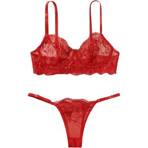 MakeMeChic Women's 2 Piece Lingerie Set Mesh Floral Lace Embroidery Underwire Sheer Bra and Thong Sets