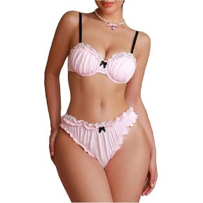MakeMeChic Women's Two Piece Cute Bow Lace Lingerie Set Underwire Ruched Bra and Panty Underwear Sets