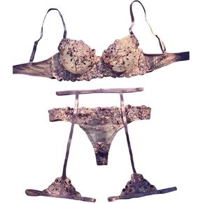 MakeMeChic Women's 3 Piece Lingerie Sets Floral Embroidery Mesh Sheer Bra and Panty Garter Sets