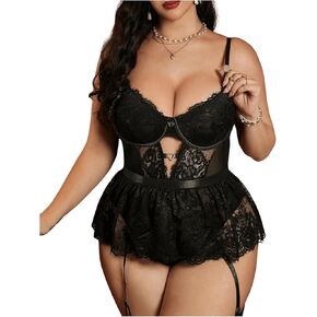 Soly Hux Women's Plus Size Lace Mesh Cutout underwire teddy bodysuit دفع الملابس الداخلية مع حزام الرباط