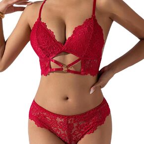 Lingerie Set Lace Love Top Double Lined Exotic Floral Embroidery Thongs Underwired Matching Underwear Deep Red
