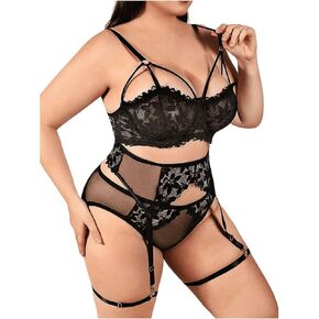 OYOANGLE Women's Plus Size 5 Piece Garter Lingerie Set Cut Out Underwire Bra and Panty Sets