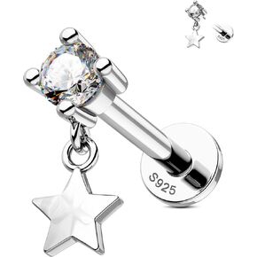 Jewseen 925 Sterling Silver Flat Back Stud arring Star Star Gratilage Jewelry CZ Helix Conch Tragus arring 16g percing percing stud nort sther for Women Men