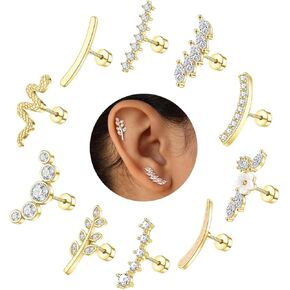 MOZAKA 10 PCS 16G Cartilage Earrings Helix Piercing Jewelry for Women Stainless Steel Opal CZ Conch Daith Tragus Piercing Jewelry Flower Snake Leaf Screw Back Stud Earrings Set
