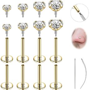 CZ Nose Rings Studs Flat Back Internal Thread Surgical Steel Hypoallergenic Nose Stud Piercing Jewelry for Nostril Tragus Helix Labret Piercings Nose Helix Medusa Lip for Women 8/10Pcs