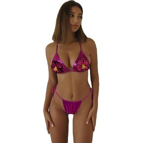 Women's Floral Appliques Bathing Suit Metallic Shiny Summer Swimsuit Bikini Set
