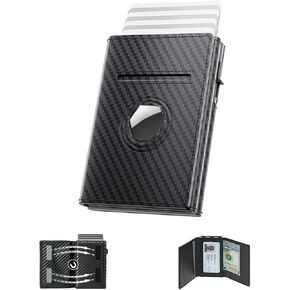 AirTag Wallet for Men,Smart Mens Minimalist Wallet Compatible with Apple Air Tag, RFID Blocking Pop Up Card Holder Wallet Holds 14 Cards with Cash Slot, ID Window, Gift for Men, Carbon Fiber Black
