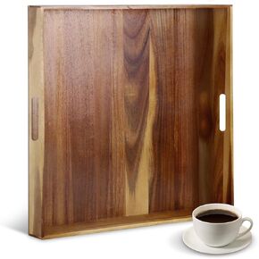 Large Ottoman Tray with Handles, 20 Inches Square Wooden Tray for Ottoman, Extra Acacia Serving Tray,Tea & Coffee Table Decorative Large Wood Tray for Kitchen and Living Room