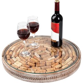Wooden Wine Cork Holder, Rustic Round Tray for Wine Cork Collector, Wooden and Glass Storage for 250 Corks, Decorative Tray for Kitchen Dining Room Coffee Table and Home Decor