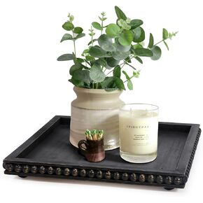 HPC Decor 12in Square Decorative Tray for Home Decor Wood Beaded Tray (Black)