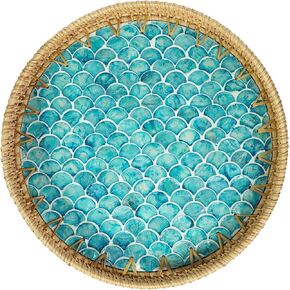 HOMESTEAD 100% Handmade Round Rattan Tray with Built-In Handles and Mother of Pearl Inlay, Rattan Serving Tray, Coffee Tray, Decorative Wicker Tray for Home Decor.