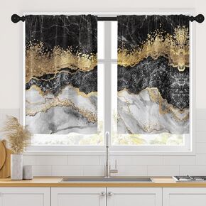 Arttown Vintage Black Gold Silver Marble Kitchen Over Sink Window Stertains مجموعة من 2 ، مجردة النافذة القصيرة للعلاج ستائر لديكور غرفة الطعام الحمام (26 × 36 بوصة)