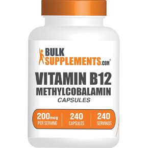 BulkSupplements.com Vitamin B12 Methylcobalamin Capsules - B12 Vitamin Supplement, B12 200mcg, for Energy Support - Gluten Free, 1 Capsule per Serving, 240 Capsules (Pack of 1)