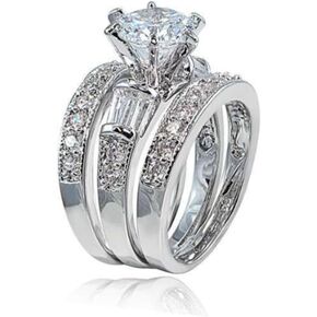 925 sterling silver round diamond set for fashionable women's three piece set with diamond engagement, elegant and elegant Mosang stone ring Size 6