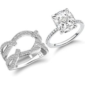 4 Carat Cushion Cut Bridal Ring Set, S925 Sterling Silver 5A CZ Insertable Engagement Ring & Enhancer Bands Set