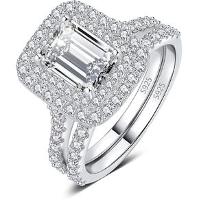 JewelryPalace Classic 1.6ct Cubic Zirconia Double Halo Engagement Rings for Women, Emerald Cut 925 Sterling Silver 14K Gold Promise Ring for Her, Simulated Diamond Anniversary Wedding Band Bridal Set
