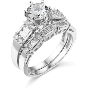 14k White Gold SOLID Wedding Engagement Ring and Wedding Band 2 Piece Set - Size 8.5