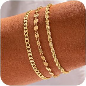 14K Gold Bracelets for Women Dainty Waterproof Jewelry Set Minimalist Stackable Herringbone Cuban Chain Fashion Charm Gold Bracelets Trendy Accessories for Gifts