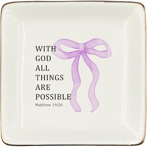 WODMIS Christian Coquette Purple Bow Ceramic Jewelry Tray Dish, Preppy Bible Verse Jewelry Plate Ring Trinket Dish, Trendy Aesthetic Ribbon Gifts for Women Bestie Best Friends 512
