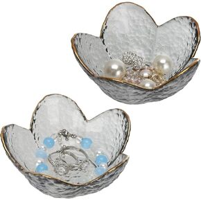 2 Pieces Ring Dish Jewelry Tray, Floral Glass Jewelry Holder Tray for Rings Earrings Necklace Bracelet, Small Cute Trinket Dish for Nightstand Bathroom dresser decor (Amber)
