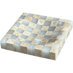 Marble Jade Stone White Onyx with Travertine Checkerboard Square Small Splicing Mosaic Tray Jewelry Dish (White and Beige)