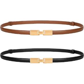 WERFORU 2 Pack Women Adjustable Thin Leather Belt Ladies Skinny Waist Belts for Dress Jean Slim Leather Belts for Women,Black+Brown-Gold Buckle,Fit Waist Size below 38 Inches