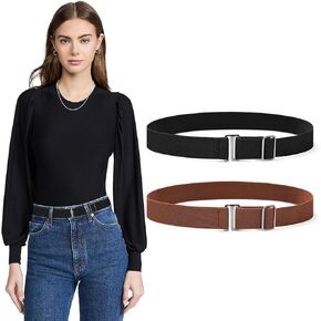 Sightor 2PCS Women No Show Stretch Belt, Adjustable Strap with Flat Buckle, Invisible Elastic Belt for Jeans Pants Dresses