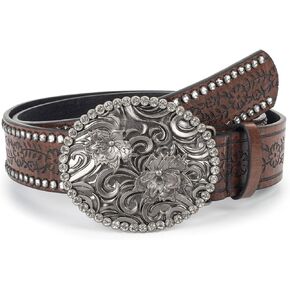 Floral-Western-Belt for Womens Vintage-Diamond-Buckle Belt Cowgirl-Cowboy PU-Leather Belt for 28-38''Waist