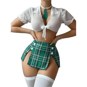 Makemechic Women's 6 قطع الملابس الداخلية مجموعة الشبكات الشباك المحصول العلوي جوارب ملهى وتنورة منقوشة مع جوارب القلادة