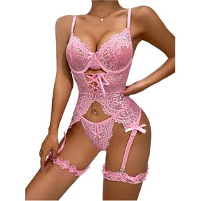 Soly Hux للنساء الدانتيل الدانتيل المثير للملابس الداخلية underwire دفع مشد ثونغ مجموعة ملابس نايت بودوير