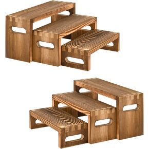 6 Pcs Wood Risers Display Stands, 3 Tier Wooden Display Risers for Table, 2 Set Rectangular Risers Display Stands Wooden for Cupcake, Desserts, Collections, Jewelry Showcase, Perfume
