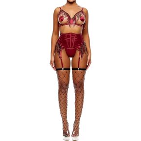 Forplay Women's Peep Show Sequin Fringe Bra and Waist Cincher Lingerie Set