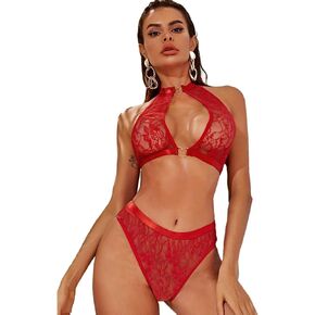Womens Sexy Lace Lingerie Sets 2 Piece, Halter Bra and Panty Set for Women Valentines Day Lingerie, Red, Onesize 2-8